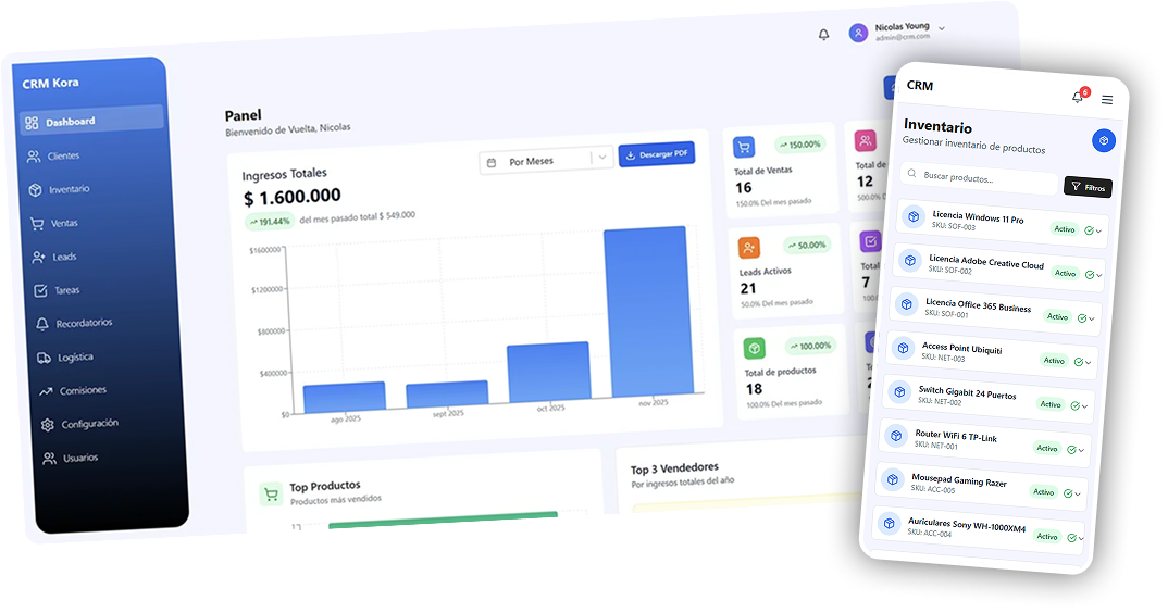 Vista previa del dashboard Kora en móvil